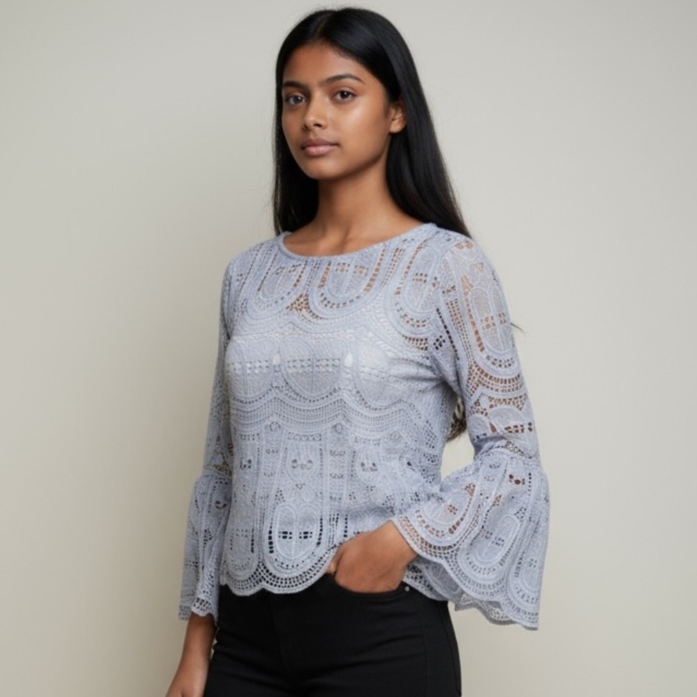 I MADELINE long sleeve small crocheted top bell sleeves NWT baby blue